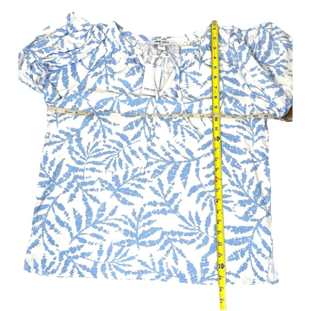 Linen Coastal Palm Print Top Peasant Blouse Blue White M NWT Nine West - Picture 6 of 7